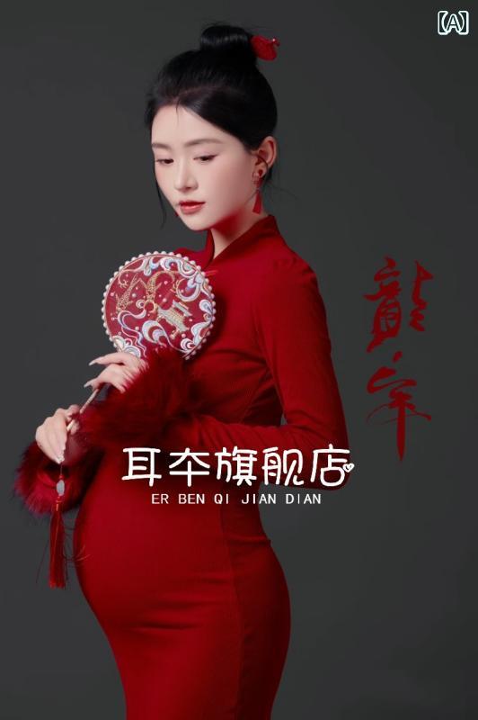 マタニティ フォト 衣装 おしゃれ ファッション 写真 撮影 スタジオ 赤 お祝い 妊娠 ママ レトロ アート フリーサイズ レッド かわいい ワンピース スカート