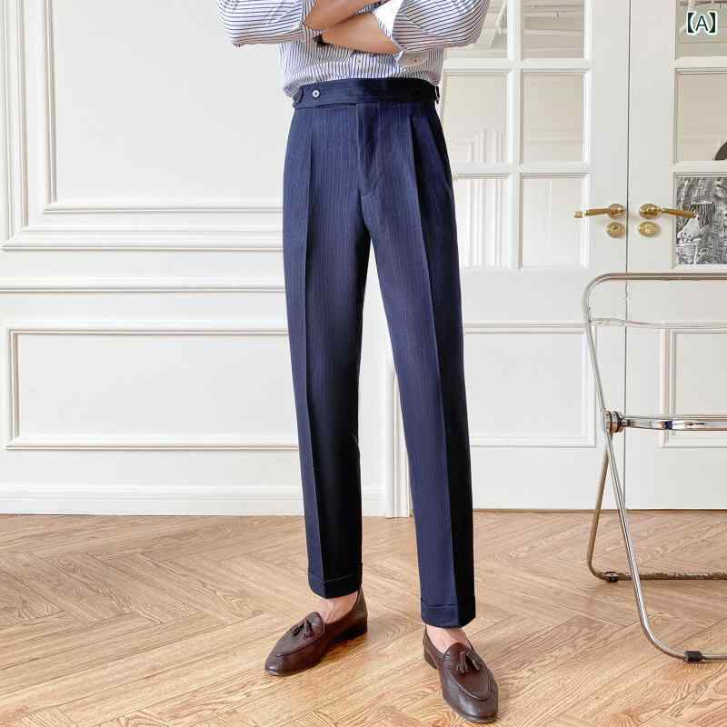 スラックス ナポリ スーツ パンツ メンズ ビジネス フォーマル フィット ストライプ ストレート パンツ パリ ボタン ハイウエスト パンツ メンズ