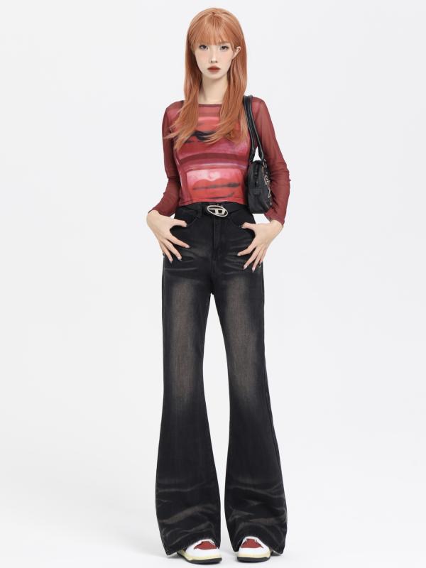 Boot Cut Jeans - デニム パンツ レディース 韓国 レトロ ウォッシュ加工 ブラック デニム ベルボトム ブーツカット パンツ アメリカン ハイウエスト スリム 万能 パンツ ロング オールシーズン カジュアル おしゃれ