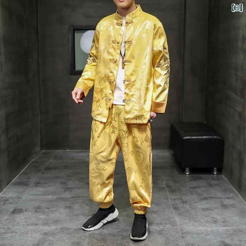 唐装 ジャケット スーツ パンツ メンズ ファッション カジュアル スポーツ 刺繍 ドラゴン柄 トレーニング チャイナ風 アウターウェア 個性的 おしゃれ スタイリッシュ