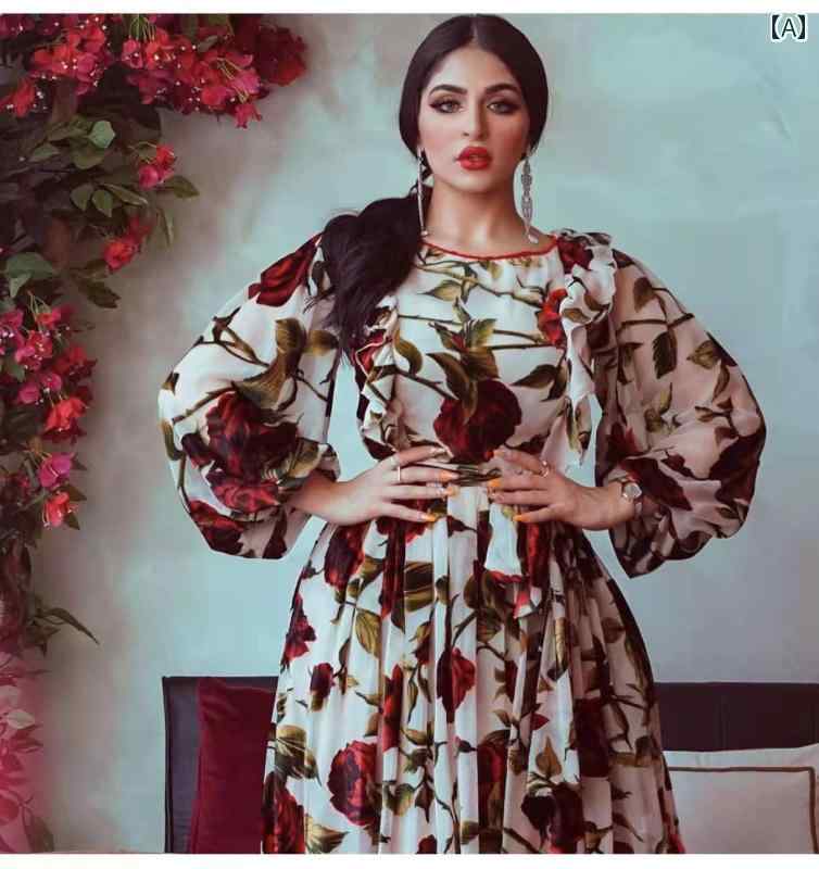 エスニック ドレス ワンピース エスニック ラウンドネック ハイウエスト プルオーバー ローズプリント 裾広がりタイプ 夏 ロングスカート