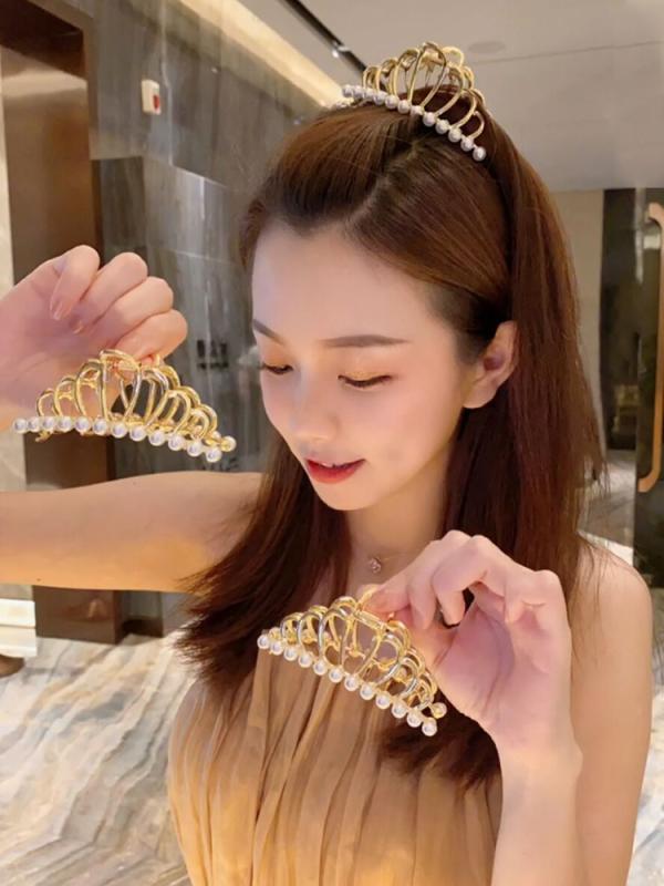 ヘアアクセサリー クラウン シャーククリップ 帽子 夏 ヘアクリップ レディース バック ヘアクリップ アーティファクト クリップ ヘアクリップ ワニワニクリップ パール