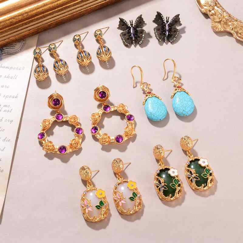 ピアス フラワー バタフライ ターコイズ タッセル フレンチ レトロ エスニック スタイル アクセサリー