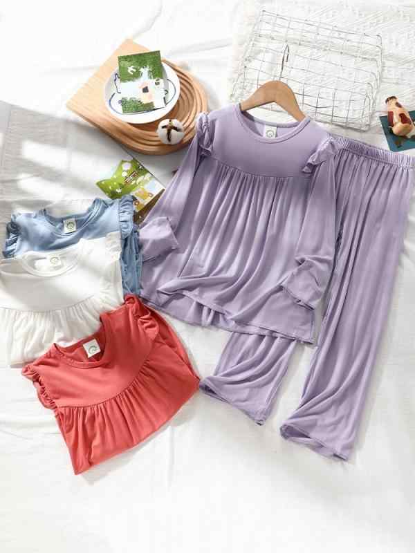 パジャマ キッズ 子供 女の子 ルームウェア 部屋着 シンプル かわいい 春秋 薄手 無地 長袖 パンツ パ..