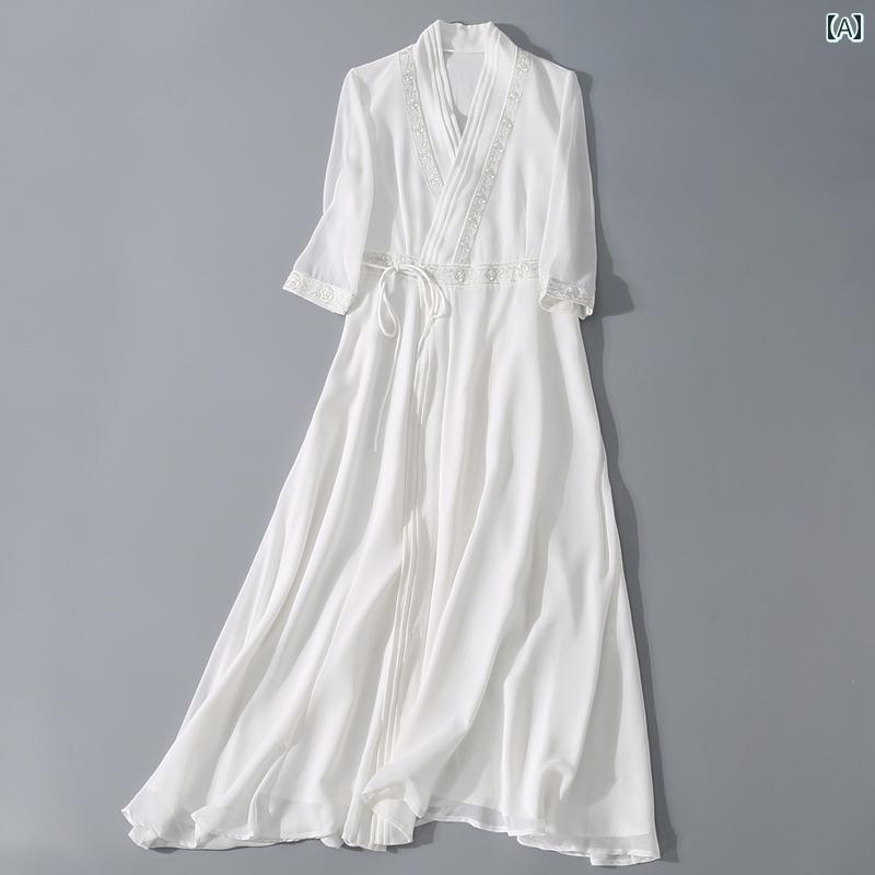 レディース ワンピース レトロ 中華風 リラックス ウェア ドレス スリム 若々しい 女性 白い 漢服 エレガント 瞑想 ロング スカート ローブ