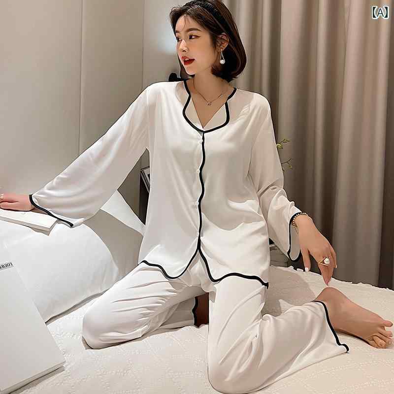 パジャマ レディース ルームウェア 春 冷感 ツーピース 長袖 薄手 スーツ 屋外 ホワイト ピンク