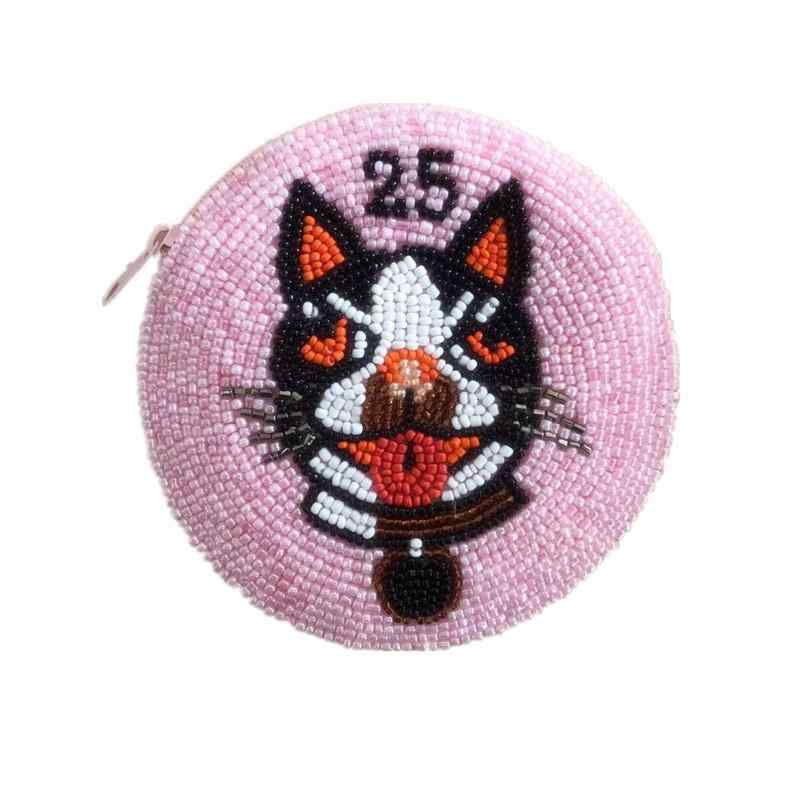 ポーチ 小銭入れ レディース 女の子 ミニ 財布 コインケース 刺繍 犬 ラウンド レトロ コイン ビーズ ピンク