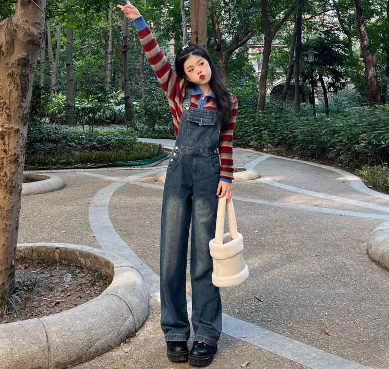 オーバーオール サロペット レディース シック 韓国 春夏 レトロ コットン ストレッチ デニム オーバーオール ハイウエスト ストレート ワイド レッグ フロア レングス パンツ オールシーズン カジュアル
