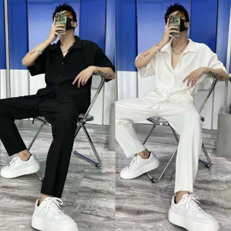 ツーピース 上下セット メンズ おしゃれ シンプル モノトーン 夏 シャツ ズボン パンツ カジュアル ポリエステル