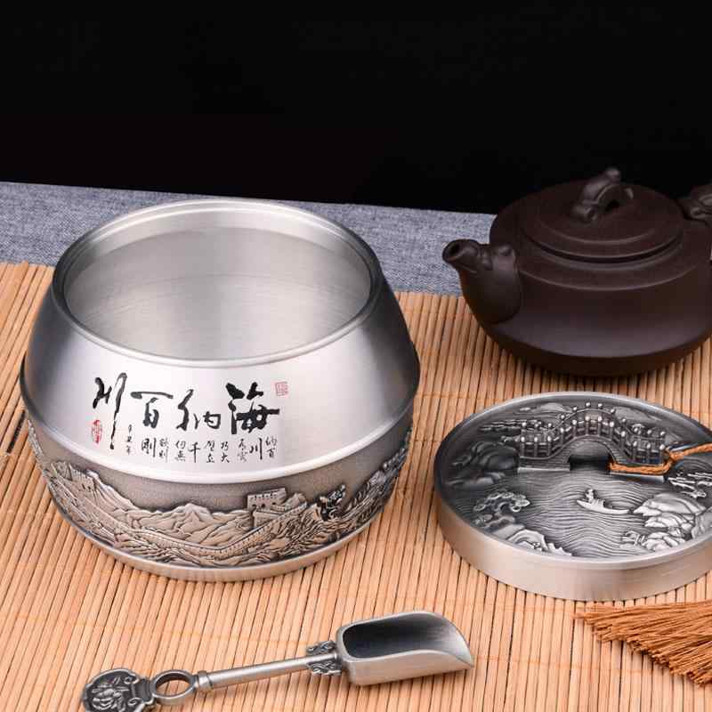 茶筒 おしゃれ 茶缶 キャニスター お茶入れ 紅茶 コーヒー豆 保存容器 家庭用 中国式 ハーフ ポンド 防湿 密封 ブリキ シルバー