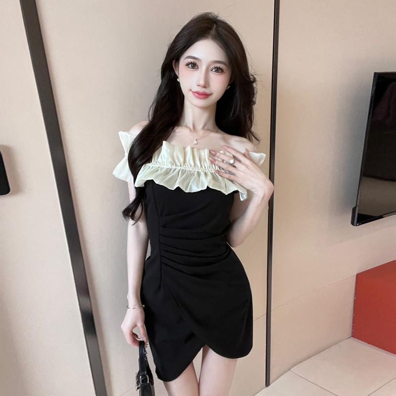 ワンショルダー ドレス スリムフィット ショート丈 女性 夏 ワンワードカラー 半袖 イレギュラースカート(4)