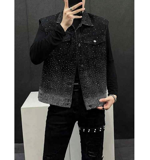 メンズ ジャケット かっこいい 男性 ブラック ビーズブレス デニム ノースリーブジャケット ハイエンド ホット 光沢 ベスト チョッキ ベスト ジャケット メンズ ジャケット かっこいい 男性 ブラック ビーズブレス デニム ノースリーブジャケット ハイエンド ホット 光沢 ベスト チョッキ ベスト ジャケット