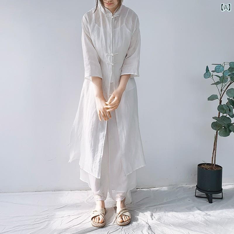 チャイナ風 レディース トップス 七分袖 パンツ 夏 レトロ セットアップ ファッション リラックス おしゃれ おうち時間 ワンマイルウェア ヨガ 瞑想服