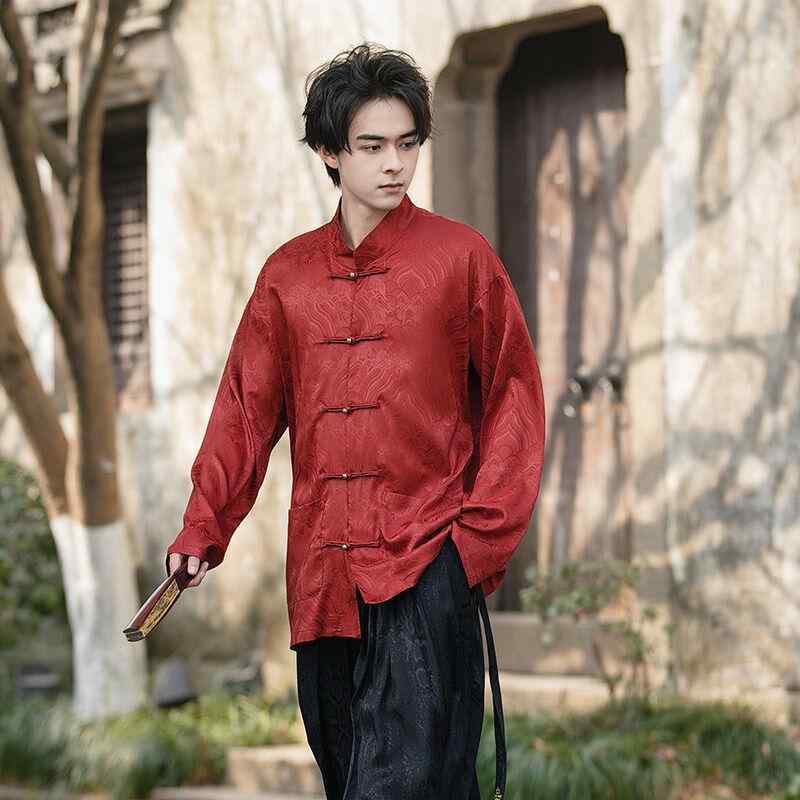 チャイナ風 サテン 長袖 シャツ メンズ 春秋 銅 ボタン チャイナ風 唐装 ジャケット 高級感 トップス 衣装