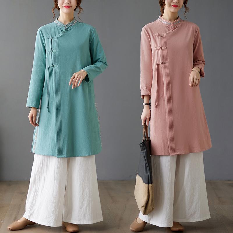 シャツ パンツ セットアップ ツーピース レディース 中国風 漢服 レトロ シンプル ボタン ナチュラル トップス オリエンタル ロング コットン エスニック