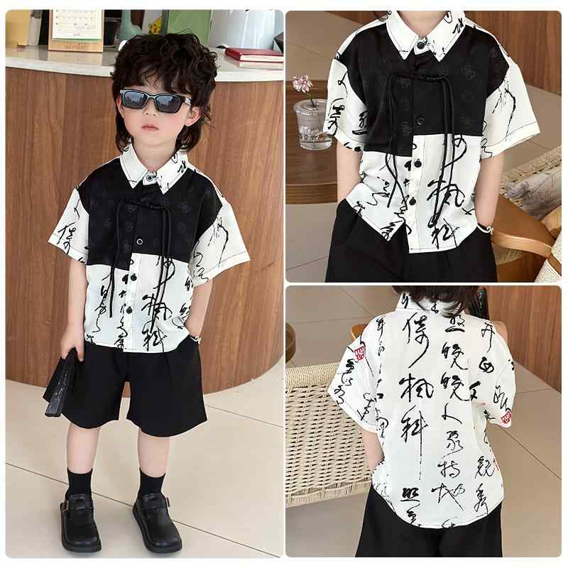 夏 子供 漢服 男の子 唐装 伝統 デザイン レトロ 公演 薄手 トップス パンツ セットアップ 扇子 クラシック パフォーマンス