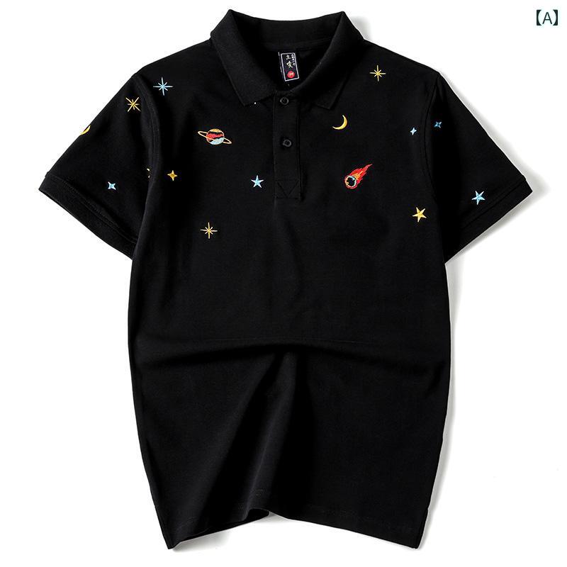 ポロシャツ Tシャツ チャイナ風 刺繍 半袖 メンズ シャツ 夏 星空 刺繍 コットン 薄手 レジャー ゆったり
