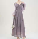 レディース ツーピース ドレススーツ 3点セット ロング ミモレ丈 薄紫 立体的 花モチーフ ノースリーブ キャミソール カーディガン 日焼け防止 シフォン レイヤード エレガント