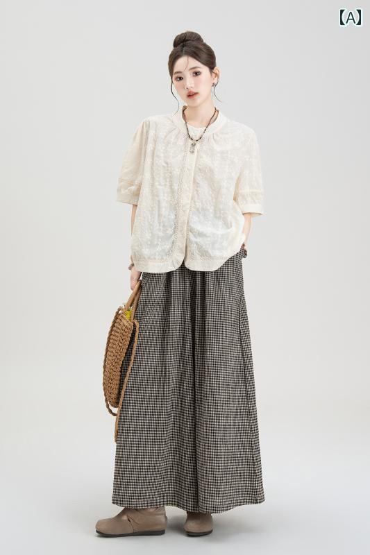 レディース パンツスーツ トップス 2点セット 五分袖 アイボリー 刺繍 ジャカード レース 花柄 ラウンドネック 後ろボタン 濃茶 チェック柄 ワイドレッグ 九分丈 モード フェミニン