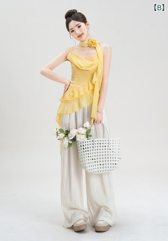 レディース トップス ノースリーブ キャミソール 青 ぼかし染め 小花 花柄 黄色 無地 フリルリボン 薔薇モチーフ 立体的 不規則 フローラル リゾート エレガント おしゃれ