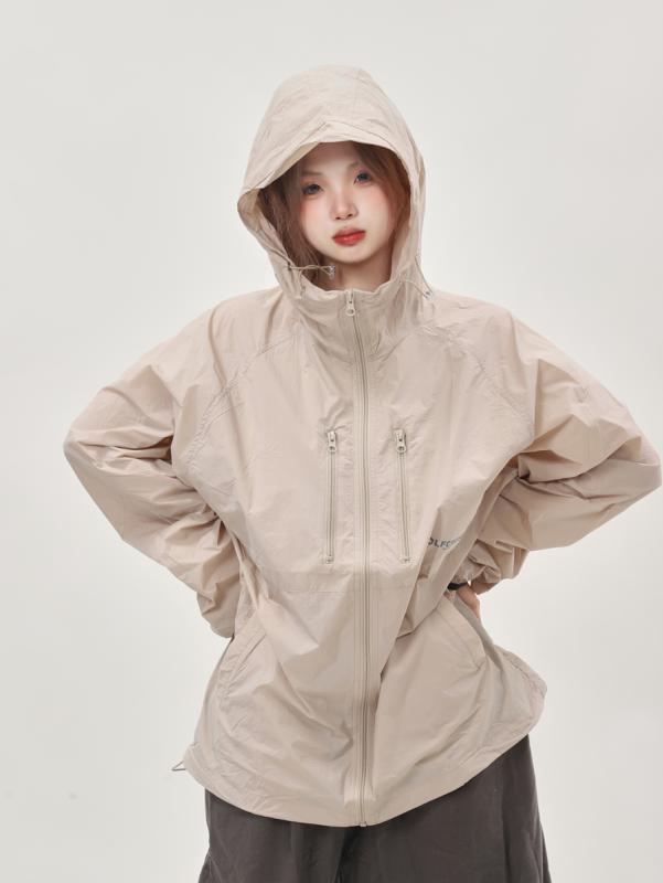 トップス ジャケット 上着 レディース アメリカン メンズ 夏 ユニセックス ポリエステル おしゃれ シンプル フード付き ジッパー 薄手