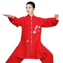 太極拳 服 レディース メンズ カンフー 武術 ウェア トレーニング 競技 パフォーマンス 練習 ミドル丈 蓮 赤