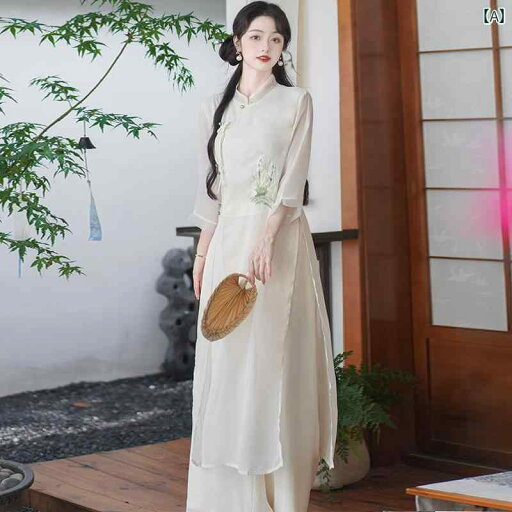 アオザイ チャイナドレス レディース 7分袖 スーツ パンツ ツーピース 漢服 中国 茶 アーティスト 禅 作業 ベージュ アオザイ チャイナドレス レディース 7分袖 スーツ パンツ ツーピース 漢服 中国 茶 アーティスト 禅 作業 ベージュ
