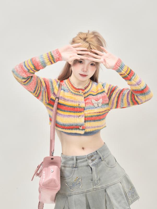 トップス カーディガン セーター レディース おしゃれ かわいい カラフル ストライプ ジャケット 春夏 スリムフィット ポリエステル