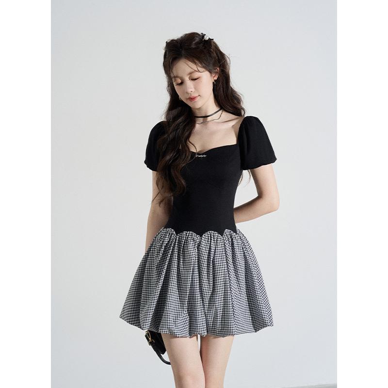 夏 エレガント 黒 スクエアネック 優雅 Aライン 半袖 シック ジッパー ドレス 高級感 クラシック おしゃれ チェック柄 フェミニン レディース