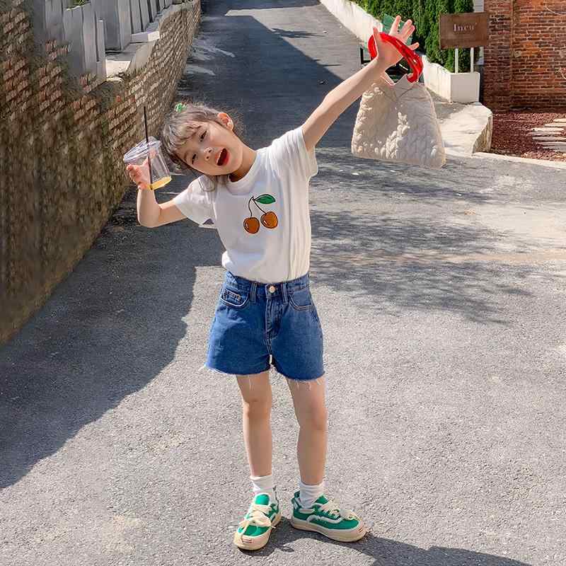 女の子 サマー スーツ おしゃれ 半袖 Tシャツ ネット デニム ショートパンツ 子供 キッズ ファッション..