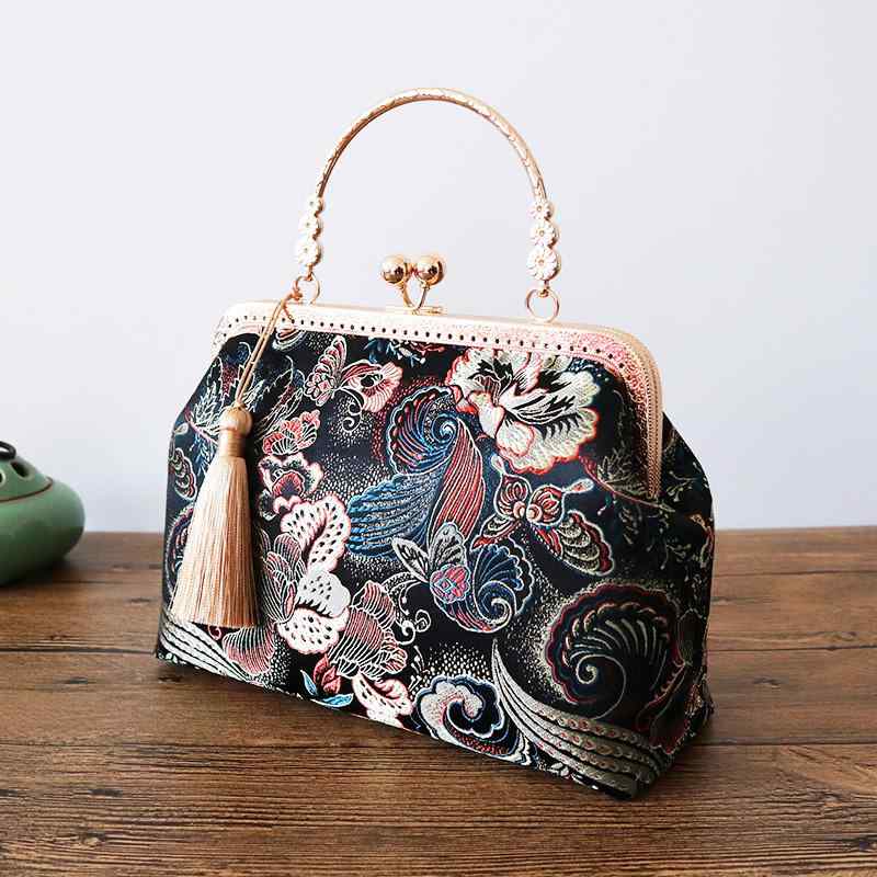 パーティー バッグ チャイナ風 高級感 手持ちバッグ レトロ ハンドバッグ がま口使用 タッセル装飾 ク..