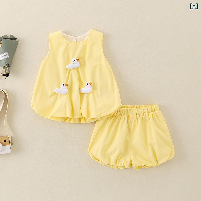 赤ちゃん用品 ベビー服 かわいい カジュアル 快適 ツーピース セットアップ 上下セット ズボン パンツ トップス 夏 薄手 おしゃれ ショーツ ノースリーブ