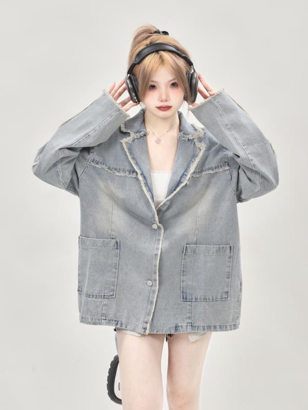 トップス ジャケット 上着 レディース アメリカン レトロ おしゃれ かっこいい デニム クール 春秋 スーツ襟 長袖