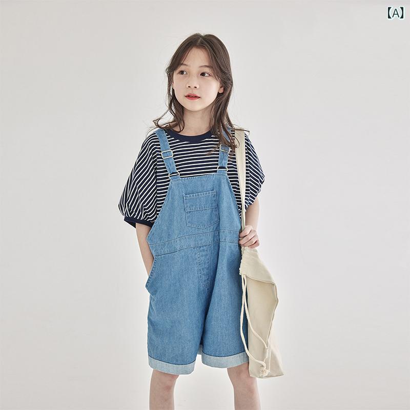 キッズ 韓国 女の子 デニム サスペンダー サロペット ショーツ 夏 男子 女の子 ストレート 5分丈パンツ 赤ちゃん 薄手 ミディアム パンツ カレッジ