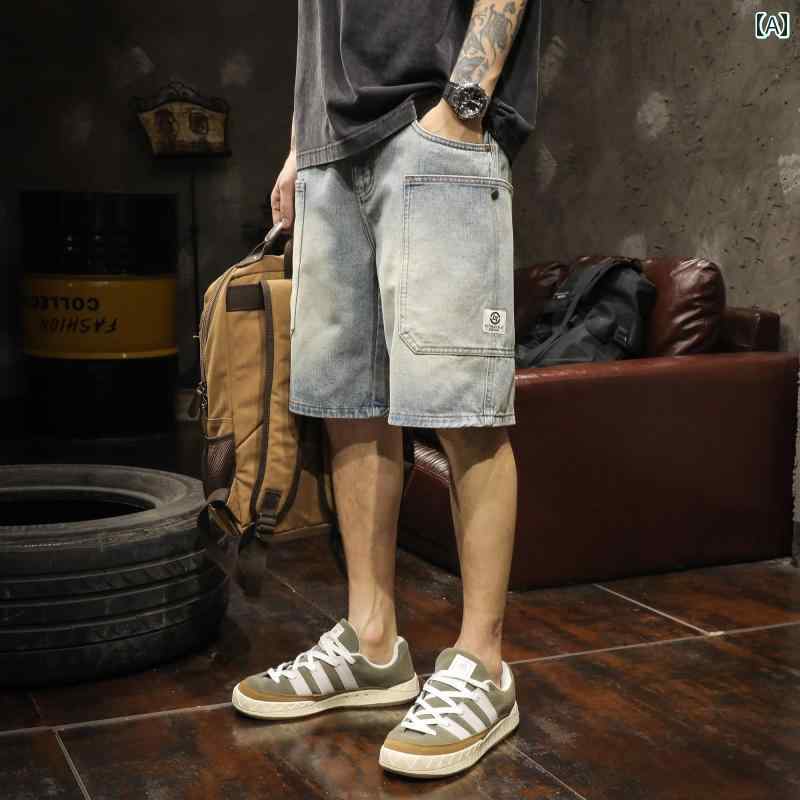 メンズ ショートパンツ 夏 アメリカ ハーフズボン クォーター デニム カジュアル ストレート 膝上 五分丈 バミューダ 短パン ワークウェア 綿 セルロース ポリエステル 薄手 ウォッシュド やや伸縮性あり ジーンズ地 ブルー ポケット 大きいサイズ(4)