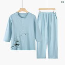 ルームウェア 部屋着 レディース 半袖 婦人 ミセス 綿 Tシャツ パジャマ スーツ 高齢者 7分袖 夏 ホーム 服 ブルー パープル ピンク