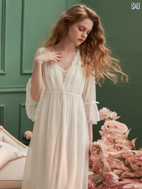 楽天way-ugoネグリジェ パジャマ レディース 七分袖 レーシーガウン シフォン キャミワンピース 2点セット 透け感 上品 ルーム ナイト ホームウェア