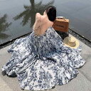 レディース 花柄シフォン キャミ ワンピース ワイドフレア Aライン プリーツ ロングドレス ハイウエスト 細見え くびれ 背中見せ リゾート ビーチ パーティー イベント 結婚式 デート ディナー 女子会 マタニティ 映え ゆったり 美シルエット