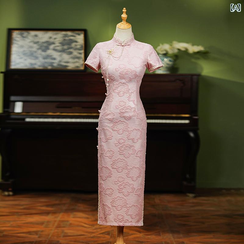 チャイナドレス ピンク ロマンティック レトロ モダン 優雅 上品 半袖 フェミニン 華やか 花柄 シンプル レディース 日常使い かわいい