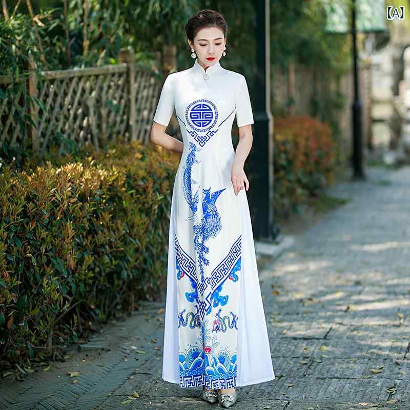 アオザイ チャイナ ドレス レディース ステージ パフォーマンス 大きいサイズ ロング丈 ブルー ホワイト