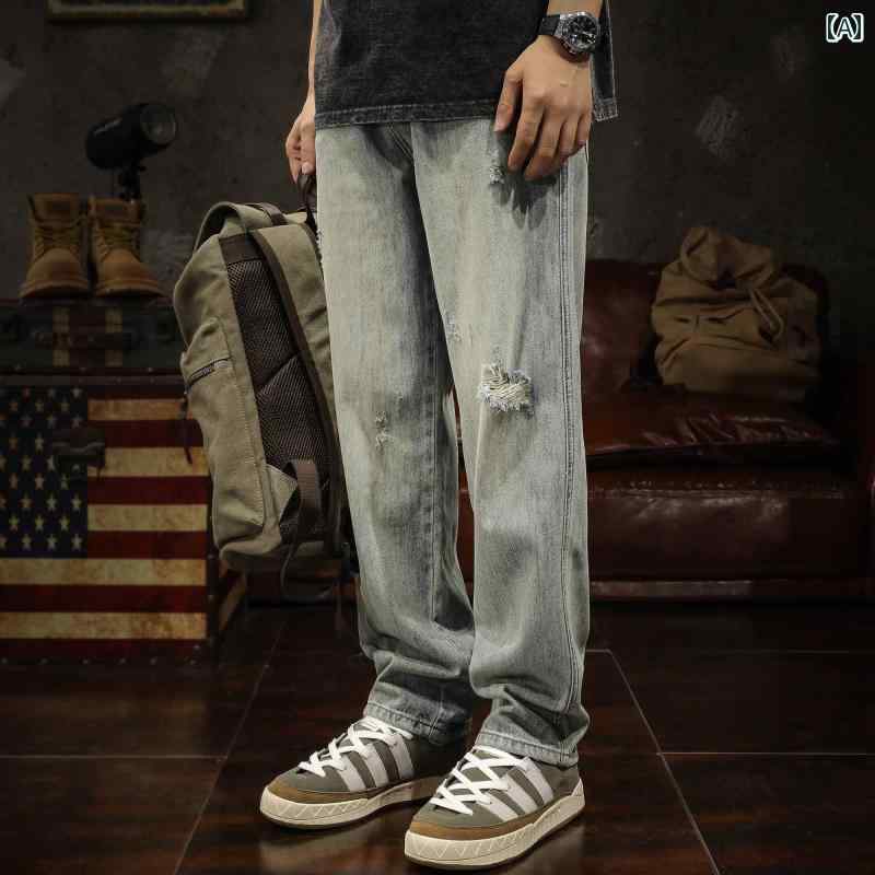メンズ ロングパンツ 長ズボン アメリカン 春夏秋 デニム ジーンズ 破れ加工 ダメージ加工 ウォッシュド レトロ ヴィンテージ カジュアル 長め 綿混紡 ワイド ブルー 青 ストリート ノスタルジック 男性用 大きいサイズ ボトムス