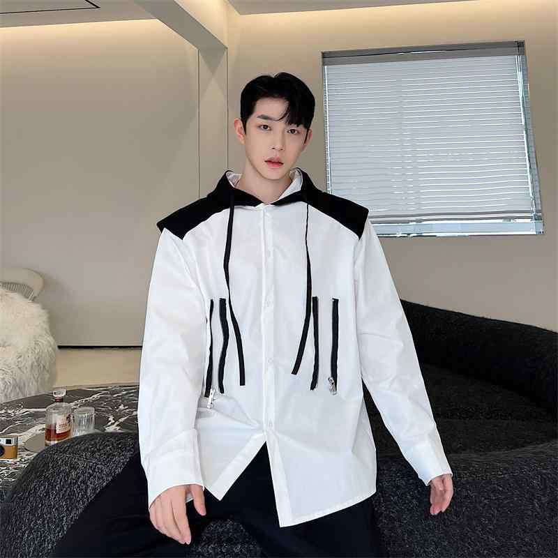 秋 韓国 シック フード付き シャツ メンズ 長袖 黒白 コントラストカラー スプライシング 韓国 トップス シンプル クール