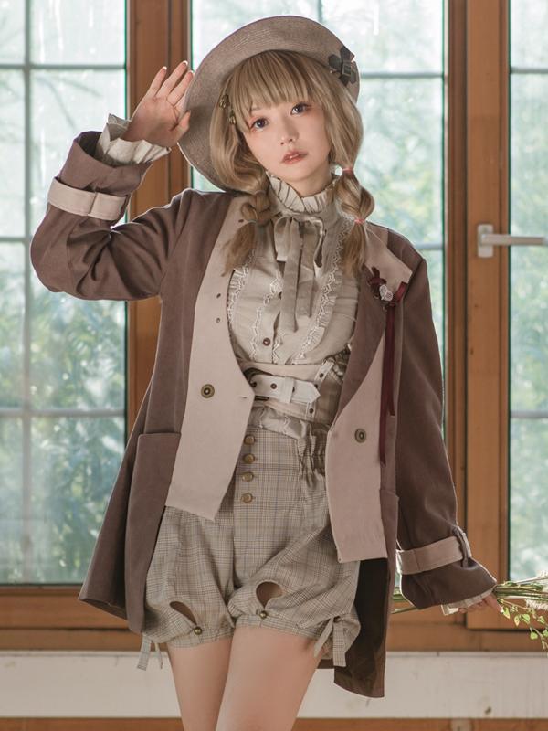 スチームパンク ブラウン ステッチ コントラストカラー スリムフィット カジュアル スーツ レトロ 