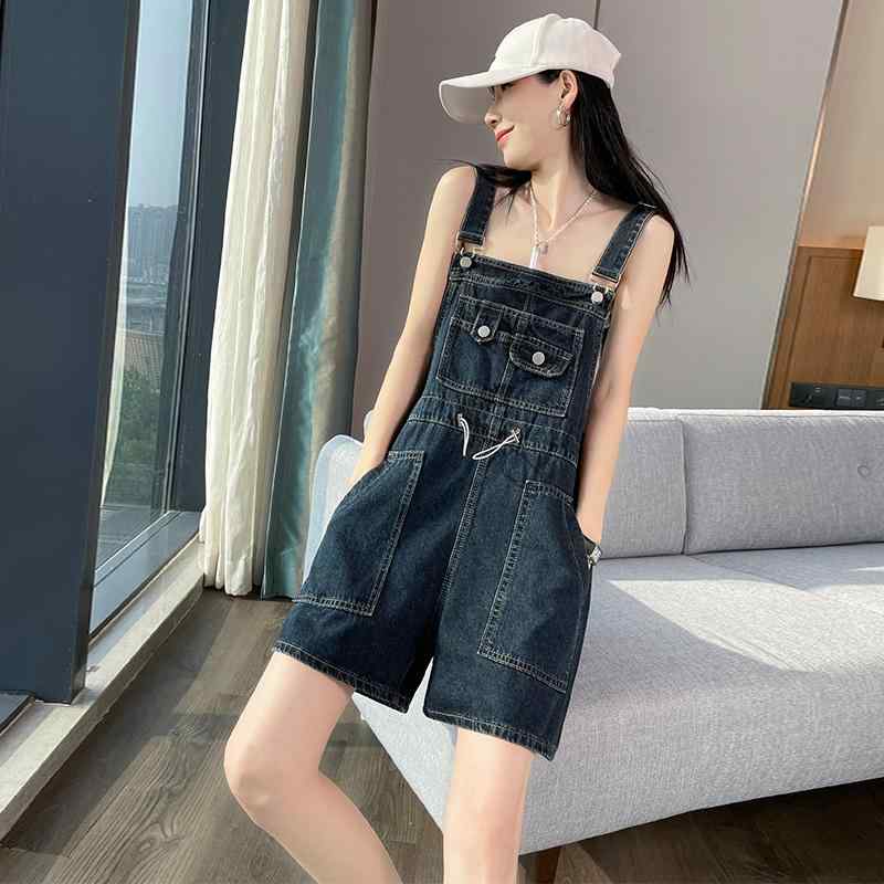サロペット ショート丈 パンツ レディース オーバーオール つなぎ 作業服 デニム サスペンダー ショーツ 夏 小柄 ウエスト ワイドレッグ ジャンプスーツ 紺