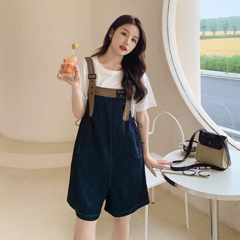 サロペット ショート丈 パンツ レディース オーバーオール つなぎ レトロ デニム ショーツ 女性 夏 薄手 コントラスト ハイウエスト ワイドレッグ 紺 黒