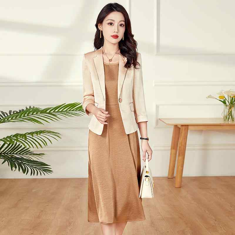 ツーピース スーツ ワンピース ジャケット サテン ドレス レディース 春夏 ハイエンド スタイリッシュ レディース おしゃれ エレガント アーバン スタイリッシュ ビジネス お食事 学校行事