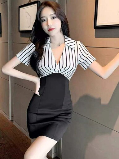 フットバス 美容院 マッサージ 服 ドレス 女性 ナイロン ストライプ vネック 夏 ショートスカート フットバス 美容院 マッサージ 服 ドレス 女性 ナイロン ストライプ vネック 夏 ショートスカート