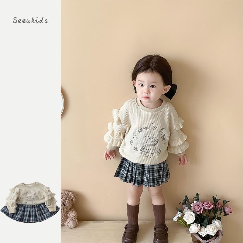 ベビー キッズ 春 韓国スタイル 女の子 赤ちゃん レース クマ 長袖 リブトレーナー チェック 柄 プリーツスカート 2点セット かわいい