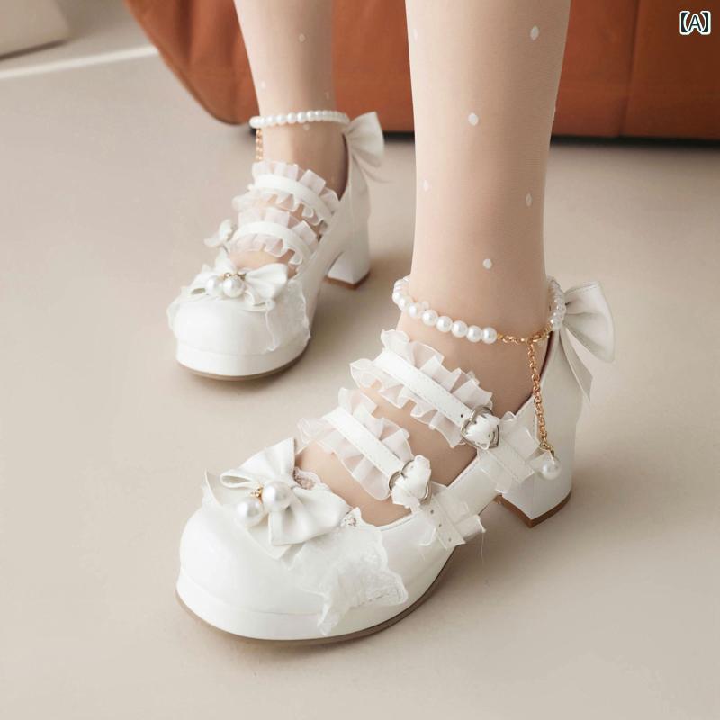 ロリータシューズ リボン パールストラップ チェーン レース フリル バックスタイル ミドルヒール クッション キャンディカラー ジュニア レディース プリンセス