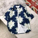 柄シャツ 半袖 ハワイアン メンズ 花柄 ゆったり 夏 薄手 ハンサム デニム ビーチ レジャー バカンス アロハ レディース リゾート ペアルック 紺